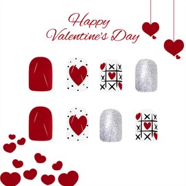 Valentines Press on Nails Short Square Fake Nails Red False Nails with Love & Glitter Designs Acrylic Nails Full Cover Artificial Nails Glossy Glue on Nails for Women 24Pcs