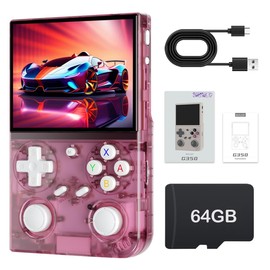 G350 Retro Handheld Game Console 3.5-inch 640*480 IPS OCA Screen 3200mAh Lithium Battery with 64G TF Card and Wireless Networt Portable Game Console Multiple Classical Simulators-Transparent Pink