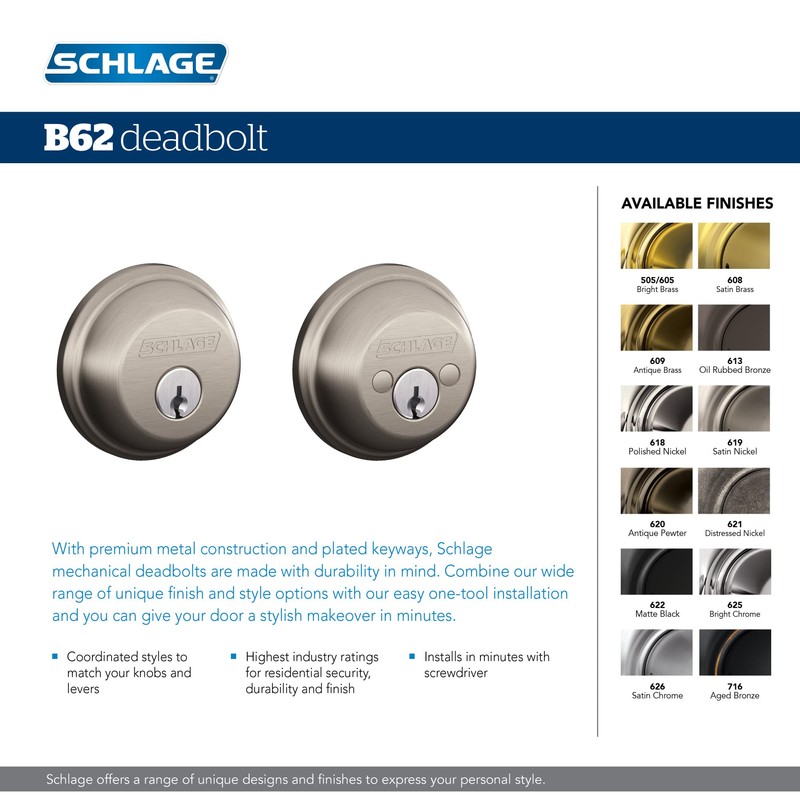 SCHLAGE B62N505 Deadbolt, Keyed 2 Sides, Bright Brass