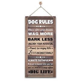 Gkwa Vintage Wooden Decorative Sign, Dog Rules Home Signs Decor, 12 x 6 x 0.12 Inches, Brown & Black, Wall Mount