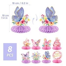 BETESSIN Butterfly Decoration Birthday Girl - Set of 8 Butterflies Table Decoration Birthday - Honeycomb Centrepiece - Table Decoration for Children's Birthdays and Butterfly Theme Parties