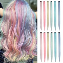 12pcs Multicolor Clip in Hair Extensions Mix tinsels,22 Inch Colored Hair Extensions,2 in 1 Rainbow Hair with Silver Tinsels,Kids Hair Extensions ,Colorful Party Highlights for Kids Girls（6 colors）