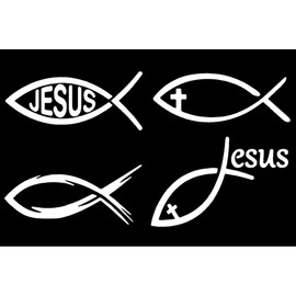 Jesus Fish Decals 4 Pack: Jesus, Tribal Ichthys, Christian Fish Decals (Small 4", White)