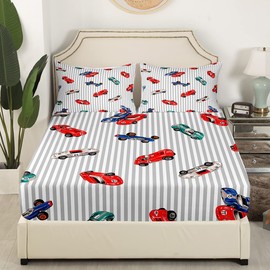Race car Bed Sheet Set Speed Sports Car Bedding Set Racing Car Fitted Sheet White Grey Flat Sheet for Kids Boys Girls Microfiber Twin