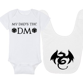 Gaming Baby Onesie and Bib - My Dad's The DM - Dragon (0-3 Month - White Fabric - Black Design)