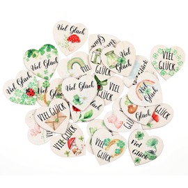 Otuuz 24 Wooden Lucky Talers Good Luck Charm Sayings in Heart Shape Courage Gift Motivational Gift for Reward Wooden Confetti Table Decoration for School Exam Colleague Friend (Happy)