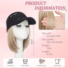Hat Wig Black Baseball Cap with Hair Extensions Hat with Hair Attached for Women 6 Inch Synthetic Straight Hair Adjustable Wig Hat for Daily Wear（85P613, Light Blonde Mix Bleach Blonde）