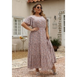 Nemidor Plus Size Maxi Dresses for Curvy Women Summer Casual Boho Ditsy Floral Print Layered Flared Long Dress with Pocket(304,22,Pink Print)