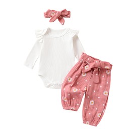 ensswliz Newborn Infant Girl Clothes Rib Knit Romper Daisy Print Pants Headband Fall Winter Newborn Outfit Sets 0 3 6 12 18 24 Months (B-Pink, 12-18 Months)