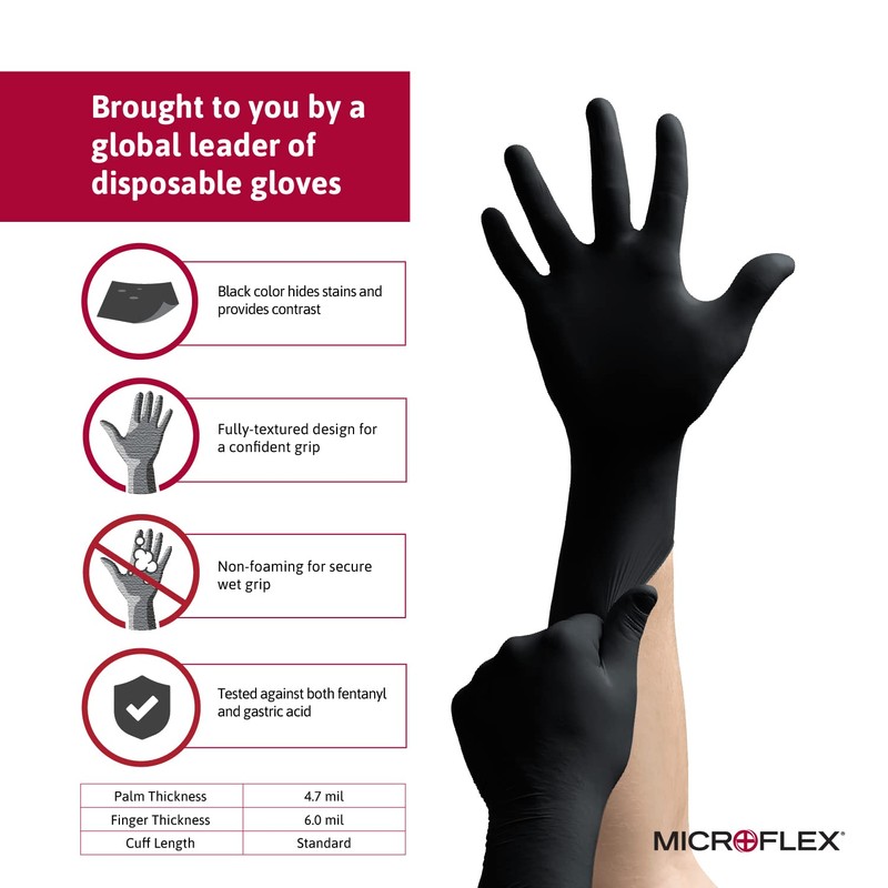 Microflex MK-296-XXL-Box Midknight Exam Gloves, PF Nitrile, Textured, Black, XXL