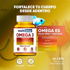 MultiBlue - Omega 3 Salmon Oil 60 Capsulas | Con Aceite de Pescado, EPA, DHA, CoQ10, Vitamina D3 y E | Sin Gluten, 100% Naturales, Libres de OMG | Certificado GMP | 2 caps diarias, 1 mes - Sabor Limon
