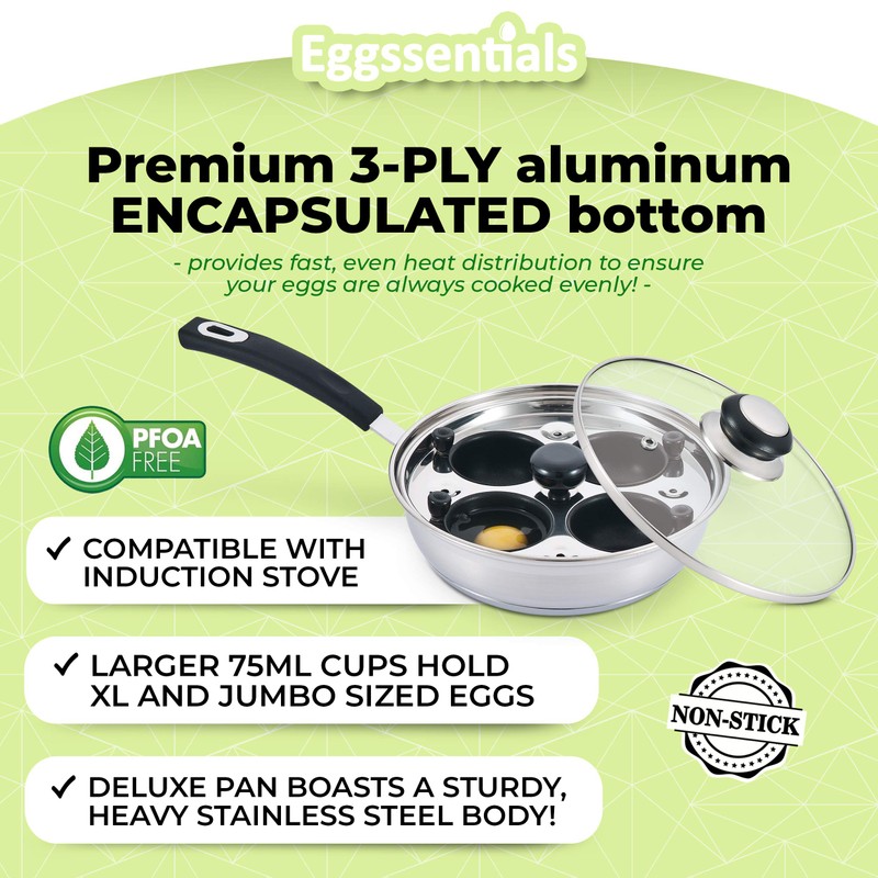 Eggssentials Egg Poacher Pan Nonstick Poached Egg Maker, Stainless Steel