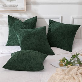 MIULEE Pack of 4 Christmas Dark Green Couch Throw Pillow Covers 18x18 Inch Soft Chenille Pillow Covers for Sofa Living Room Solid Dyed Pillow Cases