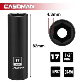 CASOMAN 1/2-Inch Drive x 17mm Deep Impact Socket, 6-Point, Metric, CR-MO