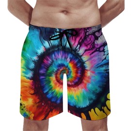 Srcnhim Mens Tie Dye Quick Dry Printed Short Swim Trunks with Mesh Lining Swimwear Bathing Suits,Colourful,2XL, XX-Large