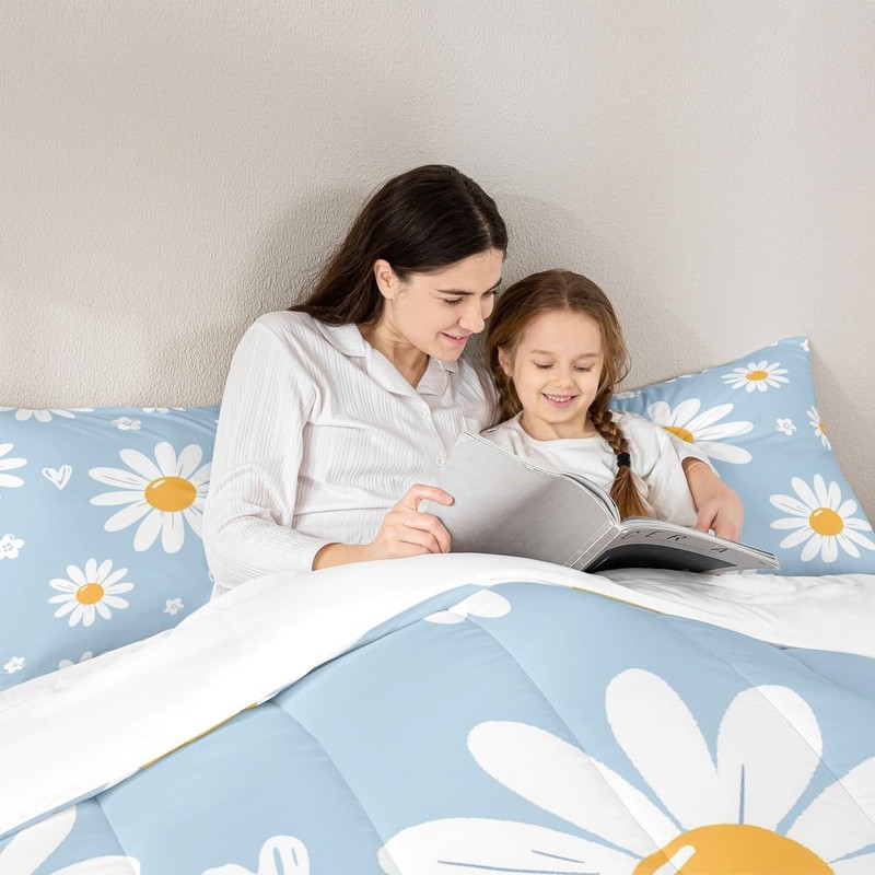 Homewish Daisy Comforter Set Twin Size White Flower Leaves Bedding