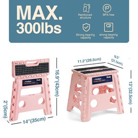 Flottian 13" Folding Step Stool for Adults and Kids Holds Up to 300 lbs,Non-Slip Folding Stools with Handle, Compact Plastic Foldable Step Stool for Bathroom,Bedroom, Kitchen,Sakura Pink,1PC