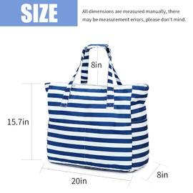 LEDAOU Large Beach Bag with Zip Women's Waterproof Shoulder Bag Tote Bag Shopper Sandproof with Zip Pool Fitness Travel Bag Family, Blue and white stripes, 17.5 x 15.7 x 8 zoll, Contemporary