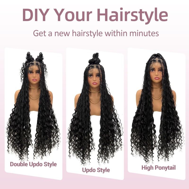 Janyuwool 36" Full Lace Boho Knotless Box Braided Wigs Full