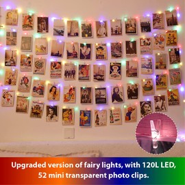 HXWEIYE 120LEDs Multicolor Photo Clips String Light, 40Ft Fairy Light with 52 Clear Clips & 10 Hooks on Wall, Timer & 8 Modes USB Powered Copper Wire String Light for Hanging Picture, Bedroom Party