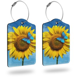 Luggage Tags for Suitcase,2 Pack Sunflower Blue Butterfly Leather Travel Cruise Luggage Tag with Privacy Flap,Name ID Label and Metal Loop for Women Girls Suitcase Backpack