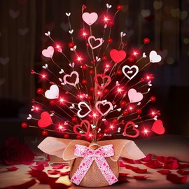 Valentine's Day Tree Tabletop Decorations 20 Red Lights with Timer Battery Operated 16 Inch 14 Red Pink White Heart 32 Red Berries Valentines Decorations Home Table Bedroom Indoor Party Wedding Decor