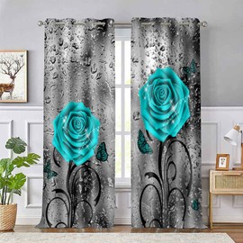 EOTDMS Teal Rose Curtains 84 inch Length Blue Floral Raindrops Turquoise Gray Art Blackout Curtains for Living Room Bedroom Thermal Insulated Drapes 42x84 Inches 2 Panels