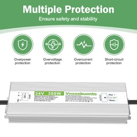 24V Power Supply 300W, 90-130V AC to 24V DC 12.5A Converter, IP67 Waterproof LED Driver, 24 Volt Low Voltage Transformer, Adapter with 3-Prong Plug for LED Light, Outdoor Indoor Use