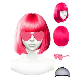 NSODREEM Wig and Party Sunglasses, Hot Pink Wigs for Women, Neon Bright Dark Pink Wig with Bangs - Bachelorette Party Wigs Decorations Favors(Hot Pink)