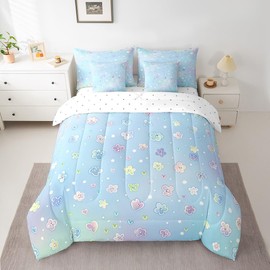 Feelyou Cute Flower 7 Piece Bedding Set Full Size Cartoon Flower Bed in a Bag for Kids Girls Teens Toddler Rainbow Comforter Set with Sheets Cartoon Bed Set