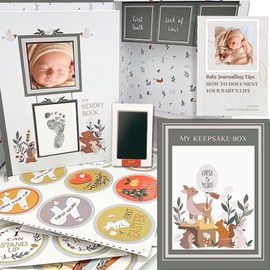 Baby Memory Book with Keepsake Box & Monthly Baby First Milestone Stickers - Gender Neutral First Year Scrapbook Journal - Baby Photo Album for Boys - Baby Book Keepsake, Baby Milestone Book