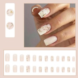 Gifiky White False Nails Short Square Press on Nails Cute Leaves Nails Tips Acrylic Full Cover Fake Nails for Women and Girls 24Pcs
