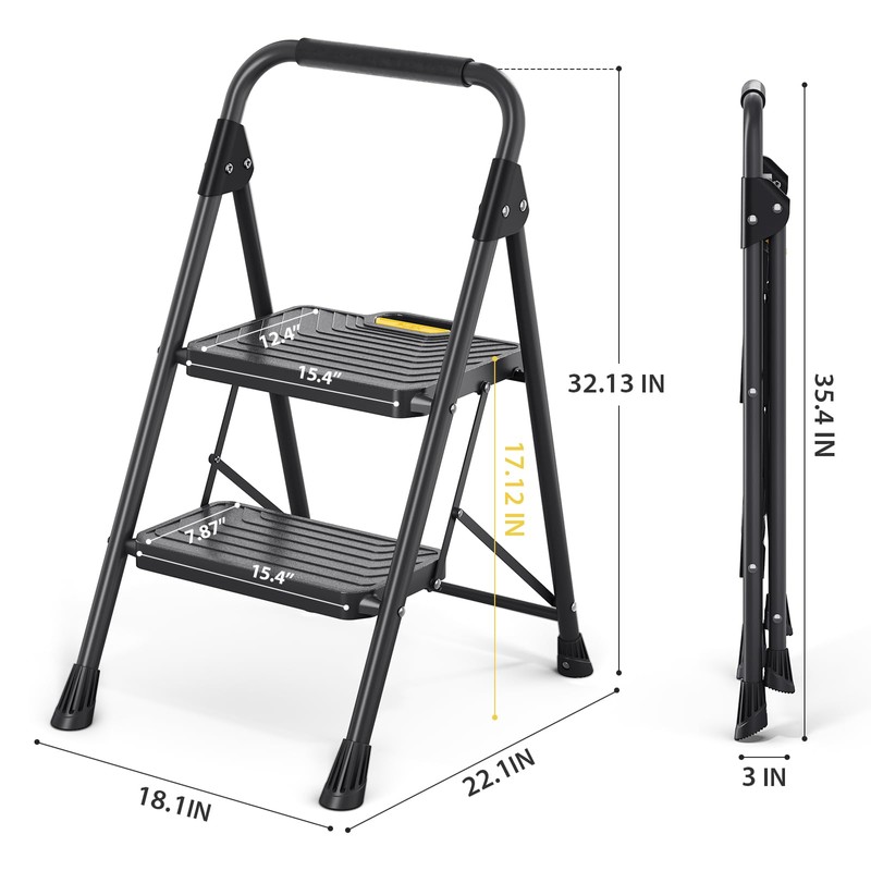 KINGRACK 2 Step Ladder, Sturdy Steel Step Stool with Anti-Slip