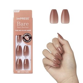 Impress Uñas Postizas Kiss No Glue Mani, Color 'Flare', Neutro Medio, Tamaño Mediano, Forma De Ataúd, Incluye 30 Uñas, Almohadilla De Preparación, Hoj