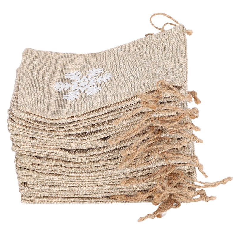 25Pcs Drawstring Bag Like Linen Snow Pattern Gift Bag Christmas