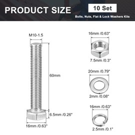 uxcell M10 x 60mm Hex Head Screws Bolts, Nuts, Flat & Lock Washers Kits, 304 Stainless Steel Fully Thread Hexagon Bolts 10 Sets