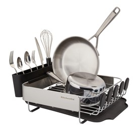 KitchenAid Compact, Space Saving Rust Resistant Dish Rack with Removable Flatware Caddy and Angled Self Draining Drainboard, 16.06-Inch, Black