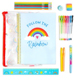 abeec Rainbow Pencil Case with Stationery Included - Stationary Sets for Girls - Includes Gel Pens, A4 Notebook, Glitter Pen and Highlighters - School Stationary Set