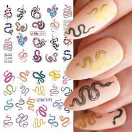 Snake Nail Art Stickers, Snake Nail Decals Water Transfer Nail Art Supplies New Year Cute Snake Flowers Nail Tattoo Stickers Accessories for Women Girls(12Sheets)