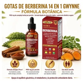 Gwynne Suplemento Dietético Gotas Líquidas Berberina Fórmula 1900 Pimienta Cayenne Canela Ceilán Melón Amargo Cúrcuma Moringa 2pcs