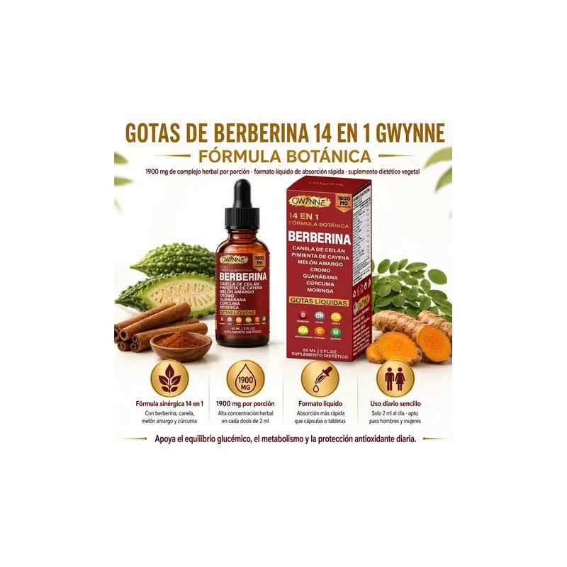 Gwynne Suplemento Dietético Gotas Líquidas Berberina Fórmula 1900 Pimienta Cayenne