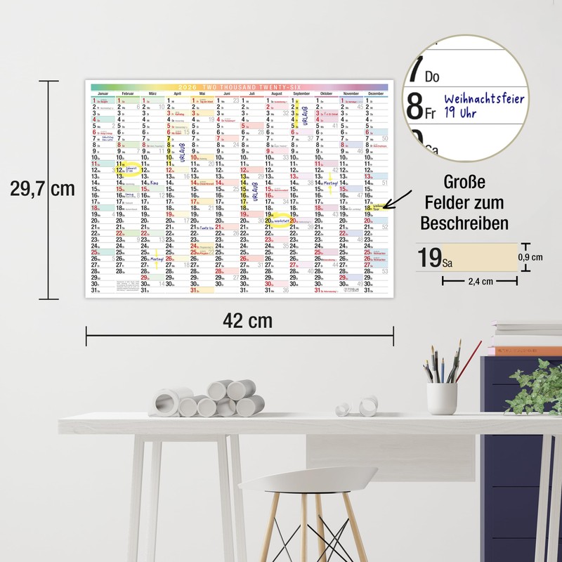 TOBJA A3 Wall Calendar 2026 Year Planner with Large Fields