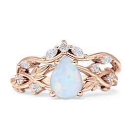 OMRANII Rose Tone Created White Opal Size-7 Two Piece Pear Teardrop Leaf Infinity Twisted Curved Band Bridal Set Vintage Style Wedding Engagement Ring 925 Sterliing Silver