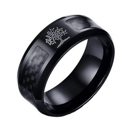 HIJONES Mens Stainless Steel Carbon Fiber Inlay Tree of Life 8mm Band Ring Black Size V