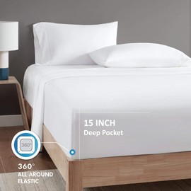 Comfort Spaces 100% Rayon (from Bamboo) Bed Sheets Set, Breathable, Cooling Sheet with 15" Deep Pocket, All Season, Cozy Bedding Set, Matching Pillow Cases, King, White 4 Piece (CS20-1194)