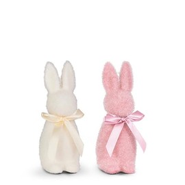 The Bridge Collection Set of 2 White and Pink Flocked Bunny Figurines - Elegant Spring and Easter Holiday Accents