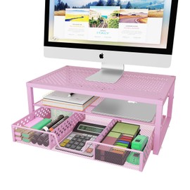 Simple Trending Metal Monitor Stand Riser and Computer Desk Organizer with Drawer for Laptop, Computer, iMac, Pink