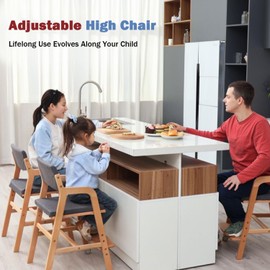 Swegrow Wooden High Chair with 2 Wheels, Adjustable Seat - Backrest - Footrest Heights, Wooden High Chair for Toddlers - Kids and Baby, Kids Dining Chair with Removable Cushion(Gray)