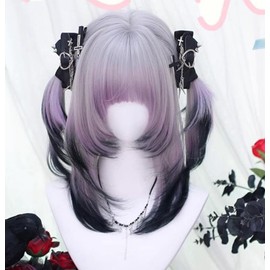 huafan luxkazya Short Ombre Purple Black Wig with Bangs Layered Black Purple Gradient Wigs for Women Lolita Wigs Natural Heat Resistant Synthetic Wig for Daily Party Use
