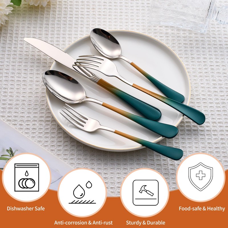 Lekoton 20 Piece Green and Orange 18/0 Flatware Utensil Set
